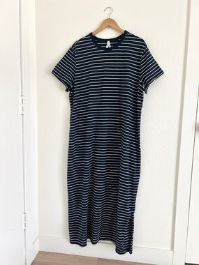PACT navy + white stripe maxi t shirt dress / size XXL